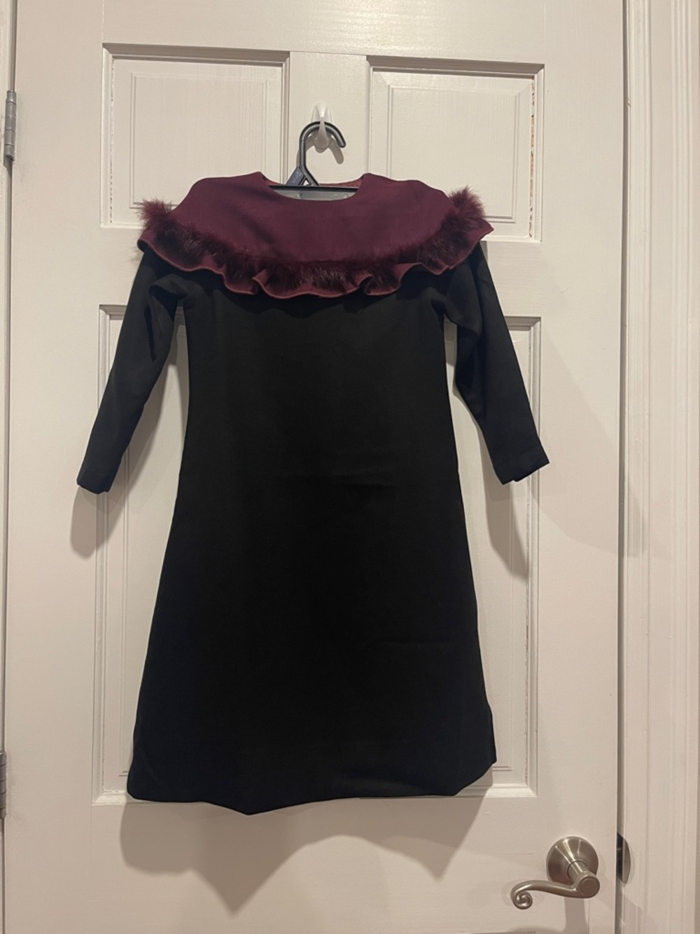 Girls Black Dress with Burgundy Fur-Trim Yoke